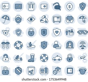 Blue tint and shade editable vector line icon set - passport control vector, umbrella, trash bin, safe, lock, plane radar, safety car, officer window, boot, hose, heart shield, hand, protect, eye id