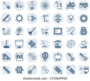 Blue tint and shade editable vector line icon set - right arrow vector, ladder car, plane radar, trap truck, sun, santa sleigh, presentation board, job, pencil, garden fork, rake, well, bladder, pc