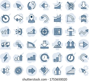Blue tint and shade editable vector line icon set - right arrow vector, left, elevator, growth statistic, crisis graph, route, signpost, navigation, up side sign, update, download, compass, bar