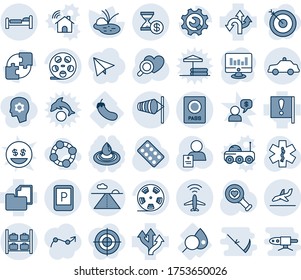Blue tint and shade editable vector line icon set - plane radar vector, passport, bed, wind, luggage storage, runway, arrival, parking sign, safety car, statistic monitor, pond, heart diagnostic