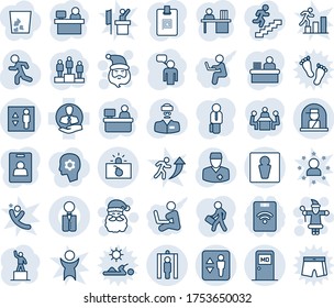 Blue tint and shade editable vector line icon set - elevator vector, male, medical room, metal detector gate, terrorism, officer window, santa claus, speaking man, pedestal, manager place, run, desk