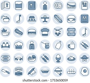 Blue tint and shade editable vector line icon set - waiter vector, restaurant table, serviette, cook hat, wine card, menu, drink, coffee, salad, plates, bacon, egg stand, salt and pepper, bread