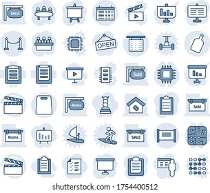 Blue tint and shade editable vector line icon set - fence vector, flight table, schedule, presentation board, meeting, clipboard, clapboard, sale, rooms, sold signboard, smart home, cutting, chip
