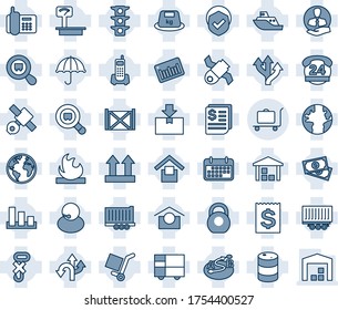 Blue tint and shade editable vector line icon set - baggage trolley vector, route, earth, satellite, cash, traffic light, office phone, 24 hours, support, client, sea shipping, truck trailer, term