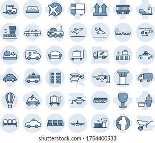 Blue tint and shade editable vector line icon set - airport tower vector, departure, arrival, baggage conveyor, trolley, bus, waiting area, alarm car, fork loader, plane, building, taxi, safety