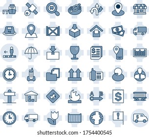Blue tint and shade editable vector line icon set - travolator vector, route, signpost, earth, pin, railroad, important flag, store, satellite, cash, office phone, support, client, mobile tracking