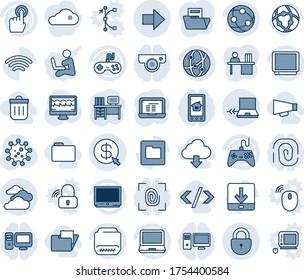 Blue tint and shade editable vector line icon set - lock vector, notebook connect, right arrow, clouds, desk, pc, monitor pulse, virus, gamepad, tv, network, touch screen, laptop, hdmi, folder