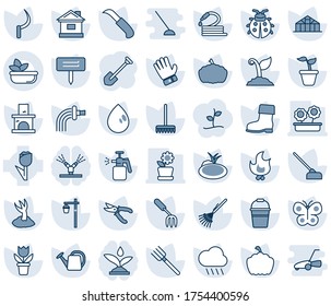 Blue tint and shade editable vector line icon set - job vector, flower in pot, garden fork, farm, rake, seedling, watering can, bucket, sproute, pruner, glove, boot, butterfly, lady bug, fire, house