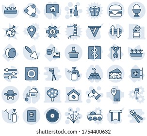 Blue tint and shade editable vector line icon set - recieptionist vector, passport, firework, wine, dog, trowel, seedling, garden sprayer, first aid room, tonometer, pull ups, eggs, mobile tracking