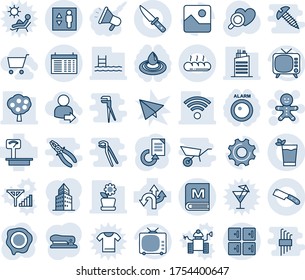 Blue tint and shade editable vector line icon set - checkroom vector, elevator, schedule, cake man, document reload, stamp, heart diagnostic, route, heavy scales, tv, gallery, settings, stapler
