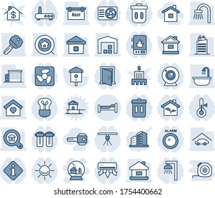 Blue tint and shade editable vector line icon set - bed vector, snowball house, bird, garage, warehouse, rent, office building, estate search, key, bathroom, sweet home, smart, city, eco, fan, bulb