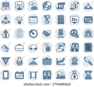 Blue tint and shade editable vector line icon set - reception vector, mobile phone, speaking man, contract, office chair, dollar sign, case, calculator, binder, medal, abacus, pen, notebook pc, idea