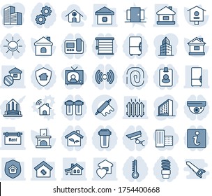 Blue tint and shade editable vector line icon set - office building vector, house, fireplace, bird, with garage, rent, sweet home, heater, fridge, smart, estate insurance, rolling pin, eco, wireless