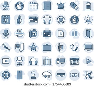 Blue tint and shade editable vector line icon set - airport bus vector, cafe, case, calendar, term, camera, speaker, headphones, monitor, phone back, safe, account statement, copybook, chair, heater