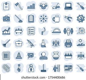 Blue tint and shade editable vector line icon set - road cone vector, hierarchy, money bag, meeting, rake, pruner, hoe, sickle, axe, group, themes, root setup, clipboard, calendar, coffee, bar graph