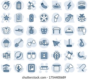 Blue tint and shade editable vector line icon set - parking vector, boarding, flight table, male wc, fork loader, christmas star, bell, sleigh, mobile phone, job, rake, tree, butterfly, lady bug