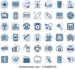 Blue tint and shade editable vector line icon set - satellite antenna vector, tv, christmas mobile, gear, bulb, microscope, 24 hours, sorting, remote control, network, laptop pc, speaker, battery