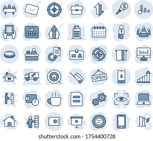 Blue tint and shade editable vector line icon set - identity vector, mobile phone, growth statistic, notebook pc, document, coffee, meeting, calendar, monitor, reload, stamp, medical, data exchange
