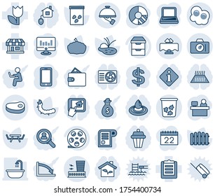 Blue tint and shade editable vector line icon set - trash bin vector, camera, airport building, mobile phone, dollar sign, manager place, statistic monitor, circle chart, fence, pumpkin, seeds, pond