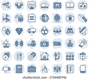 Blue tint and shade editable vector line icon set - identity vector, camera, spoon and fork, recieptionist, book, case, document, statistic monitor, fire, garden knife, bird house, first aid kit, hr