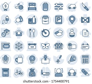 Blue tint and shade editable vector line icon set - parking vector, spoon and fork, clouds, money bag, butterfly, garden knife, ripper, dropper, bike, blood test, schedule, store, container, package
