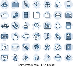 Blue tint and shade editable vector line icon set - waiting area vector, ticket office, passport, tv, globe, lollipop, case, syringe, virus, diet list, vial, pills, medical patch, gymnastics, term