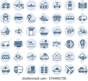Blue tint and shade editable vector line icon set - plane vector, airport tower, taxi, departure, arrival, bus, waiting area, alarm car, building, baggage, train, boarding passengers, helicopter