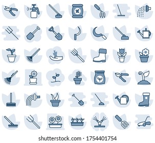 Blue tint and shade editable vector line icon set - job vector, flower in pot, garden fork, shovel, farm, rake, seedling, watering can, sproute, pruner, boot, hoe, sickle, sprayer, fertilizer, hand