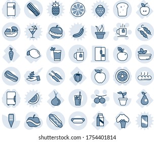 Blue tint and shade editable vector line icon set - tea vector, rowanberry, seedling, plant label, diet, apple, lemon, carrot, slice, sweet pepper, pear, onion, broccoli, milk, fridge, phyto bar