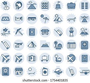 Blue tint and shade editable vector line icon set - plane vector, runway, taxi, suitcase, baggage trolley, airport bus, passport, helicopter, seat map, luggage scales, globe, tower, duty free, hotel