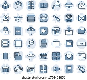 Blue tint and shade editable vector line icon set - automatic door vector, umbrella, shop, checkroom, doors, star letter, book, store, container, package, mail, fast forward, scanner, folder, opened