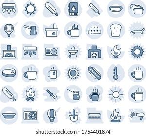Blue tint and shade editable vector line icon set - hot cup vector, coffee, fire, fireplace, thermometer, sun, air conditioner, bread, steak, dog, bowl, steaming pan, turkish, water heater, balloon