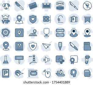 Blue tint and shade editable vector line icon set - parking vector, vip, suitcase, dog, pen, stamp, plant label, heart shield, first aid room, no alcohol sign, navigation, pin, fragile, hook, sd