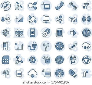 Blue tint and shade editable vector line icon set - wireless notebook vector, antenna, satellite, network, chain, rca, call, sim, cellular signal, gear, right arrow, folder, download cloud, link, no