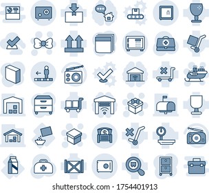 Blue tint and shade editable vector line icon set - safe vector, travolator, gift, bow, santa sleigh, doctor case, milk, cereal, container, fragile, cargo, up side sign, no trolley, package, search