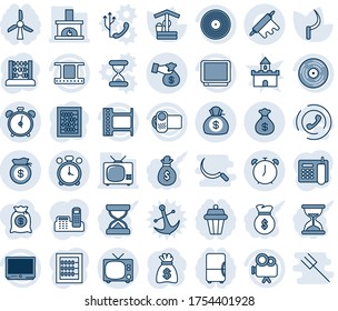 Blue tint and shade editable vector line icon set - alarm clock vector, tv, abacus, money bag, well, sickle, film frame, vinyl, video camera, encashment, office phone, fireplace, rolling pin, horn