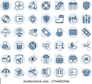 Blue tint and shade editable vector line icon set - fence vector, passport control, security gate, trash bin, plane radar, safe, boot, patch, heart hand, medical, umbrella, shield, protect, lock