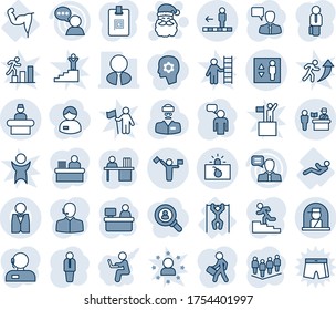 Blue tint and shade editable vector line icon set - dispatcher vector, passport control, reception, elevator, travolator, terrorism, officer window, santa claus, manager, speaking man, team, place