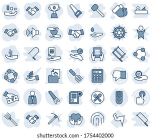 Blue tint and shade editable vector line icon set - gloves vector, handshake, document, garden fork, farm, saw, heart hand, power, drop, spoon plate, touch screen, finger down, fingerprint id, cup