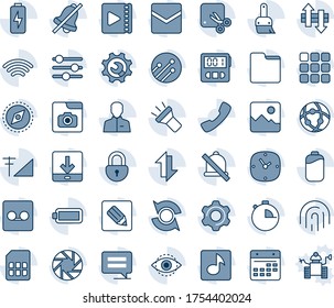 Blue tint and shade editable vector line icon set - call vector, menu, message, mobile camera, gallery, settings, tuning, themes, user, clock, stopwatch, mail, record, sim, network, folder, calendar