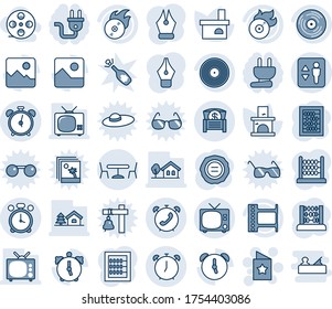 Blue tint and shade editable vector line icon set - elevator vector, alarm clock, tv, cafe, phone, star postcard, abacus, stamp, fireplace, film frame, vinyl, flame disk, gallery, money chest, coil