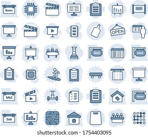 Blue tint and shade editable vector line icon set - fence vector, flight table, schedule, presentation board, meeting, clipboard, clapboard, sale, rooms, sold signboard, smart home, cutting, chip
