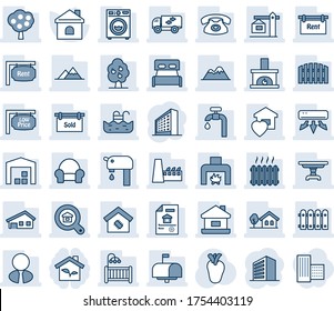 Blauer Farbton und Farbton bearbeitbarer Vektorsymbol - Bürogebäude Vektorgrafik, Haus, reales Herz, mit Garage, Baum, Pool, Wasserversorgung, Obst, Berge, Lager, Zaun, Immobiliendokument, Miete, Agent