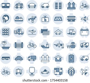 Blue tint and shade editable vector line icon set - taxi vector, baggage conveyor, airport bus, waiting area, alarm car, fork loader, seat map, plane globe, traffic controller, departure, terrorism