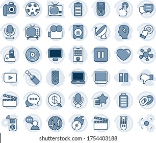 Blue tint and shade editable vector line icon set - brainstorm vector, satellite antenna, clapboard, reel, vinyl, flame disk, camera, tv, video, microphone, remote control, network, touch screen