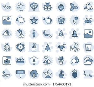 Blue tint and shade editable vector line icon set - clouds vector, christmas tree, deer, rowanberry, flower in pot, watering can, lady bug, seedling, sickle, plant label, caterpillar, bird house