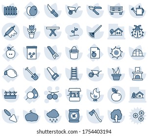 Blue tint and shade editable vector line icon set - rowanberry vector, flower in pot, trowel, shovel, fence, rake, ladder, seedling, tree, watering can, wheelbarrow, bucket, pruner, saw, lady bug