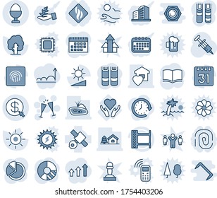 Blue tint and shade editable vector line icon set - wine glasses vector, book, circle chart, tree, sun, syringe, heart care, satellite, film frame, calendar, brightness, fingerprint id, money click