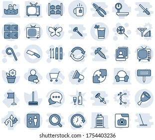 Blue tint and shade editable vector line icon set - elevator vector, luggage storage, checkroom, tea, lollipop, ski, flower in pot, rake, butterfly, plant label, flag, route, heavy scales, tv, pool