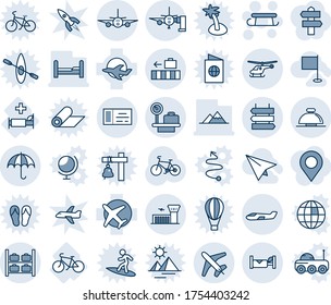 Blue tint and shade editable vector line icon set - reception bell vector, helicopter, luggage storage, scales, airport building, plane, baggage, insurance, sign post, ticket, hotel, small, sleigh